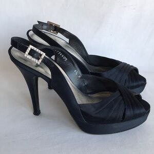 St. John black satiny platform heels with ankle strap, crystal buckle, size 6.5
